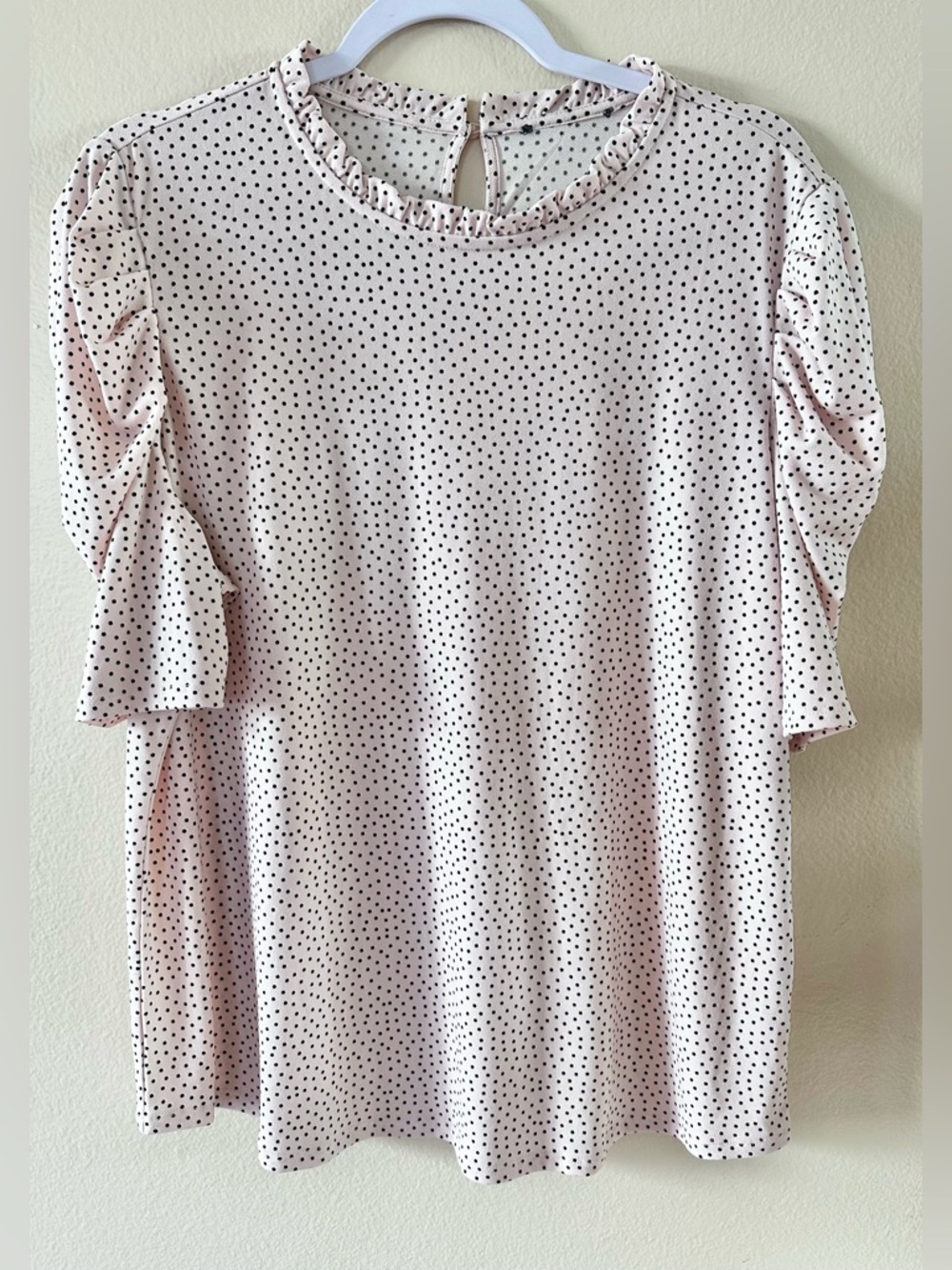 Adrianna Papell Pink Polka Dot Ruffle Neck Blouse Women’s Size L | Feminine Work